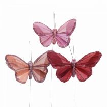 Deco butterfly on wire feather butterfly pink 10×6cm 12pcs