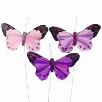 Product Deco butterfly on wire feather butterflies purple/pink 9.5cm 12pcs