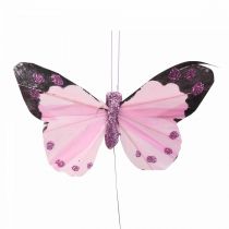 Product Deco butterfly on wire feather butterflies purple/pink 9.5cm 12pcs