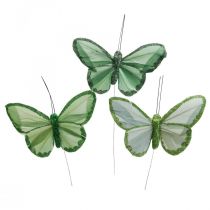 Product Decorative butterflies green feather butterflies on wire 10cm 12pcs