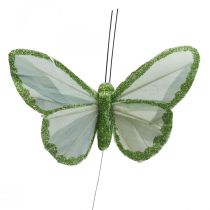 Product Decorative butterflies green feather butterflies on wire 10cm 12pcs