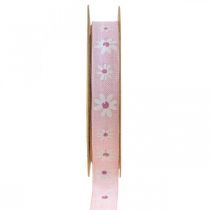 Deco ribbon pink with flowers gift ribbon 15mm 15m