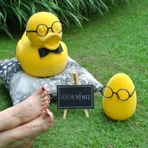 Decorative figure duck with glasses yellow, funny summer decoration, decorative duck flocked