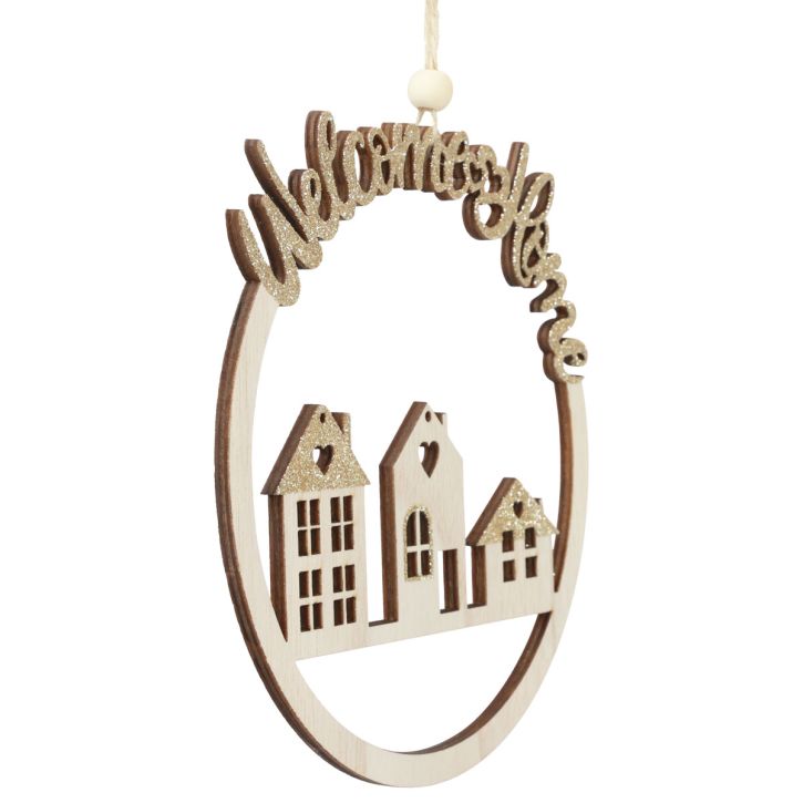 Decorative hanger wood gold glitter Welcome Home Ø16.5cm 6pcs