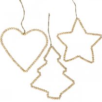 Product Deco hanger Christmas wooden beads heart star tree H20cm 3pcs