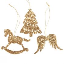 Product Deco hanger wood gold glitter Christmas tree decoration 10cm 6pcs