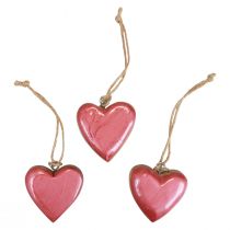 Decorative hanger wood wooden hearts decoration pink shiny 6cm 8pcs