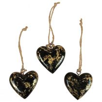 Decorative hanger wood wooden hearts decoration natural black gold 6cm 8pcs