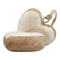 Product Decorative hanging wooden hearts natural white/gold craquelure 6cm 8 pcs