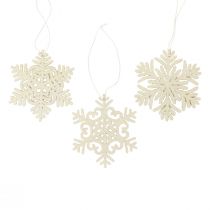 Deco hanger wood snowflakes deco white glitter Ø10cm 12pcs