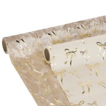 Product Polyester Table Runner with Gold Bow Design 120x35cm Beige and Cream 2 Pieces