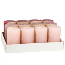 Product Pillar candle set, 3 colors, berry pink tones, marbled, decorative candles 60x100mm, 12 pieces