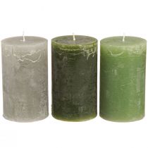 Product Solid coloured pillar candles 3 colours green 60×100mm 12 pcs