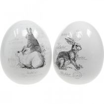 Ceramic egg, Easter decoration, Easter egg with rabbits white, black Ø10cm H12cm set of 2