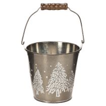 Product Decorative Zinc Bucket with Embossed Trees and Wooden Handle, 13cm, Silver Finish