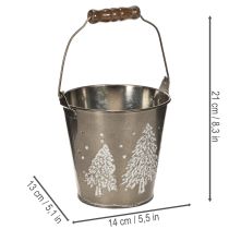 Product Decorative Zinc Bucket with Embossed Trees and Wooden Handle, 13cm, Silver Finish