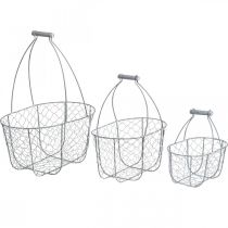 Product Wire basket with handle, baskets nostalgic, metal basket shabby chic, antique look silver, white L35/30/25cm H46.5/35/25cm set of 3