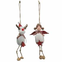 Christmas figures angel and reindeer to hang white, red Ø4.7cm H20 / 18cm 2pcs