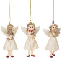 Product Set of 3 Vintage-Style Hanging Angel Decorations, Polyresin, 10cm, Beige/White/Red