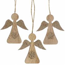 Product Deco pendant wood angel glitter 10cm 12pcs
