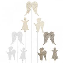 Advent plug angel, wings to stick, wooden angel, Christmas decoration nature, white, gold glitter 18pcs