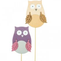 Flower plug deco owl wood purple, brown 8cm 12pcs