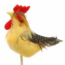 Rooster with real feathers on the stick orange, yellow, brown assorted H5-6cm 12pcs
