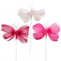 Feather butterflies pink/pink/red, deco butterflies on wire 6pcs