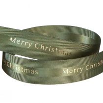 Product Festive Christmas ribbon in dark green with golden &#39;Merry Christmas&#39; lettering Width 25mm Length 20m