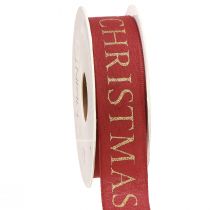Product Festive Christmas ribbon in red with golden &#39;Merry Christmas&#39; lettering Width 25mm Length 15m