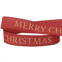 Product Festive Christmas ribbon in red with golden &#39;Merry Christmas&#39; lettering Width 25mm Length 15m