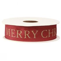 Product Festive Christmas ribbon in red with golden 'Merry Christmas' lettering Width 25mm Length 15m