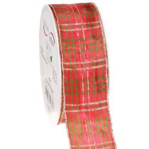 Product Festive checked gift ribbon red green gold 40mm 20m
