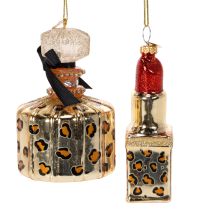 Product Glass Christmas Ornaments Perfume Bottle and Lipstick Leopard Print 11cm Set of 2