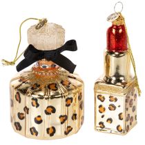 Product Glass Christmas Ornaments Perfume Bottle and Lipstick Leopard Print 11cm Set of 2