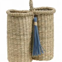 Bottle holder made of seagrass, braided bottle basket, balcony decoration, decorative basket for hanging nature, blue H20cm W22cm