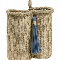 Product Bottle holder made of seagrass, braided bottle basket, balcony decoration, decorative basket for hanging nature, blue H20cm W22cm