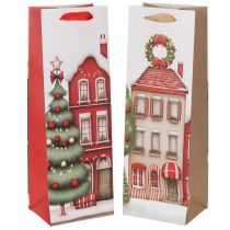 Product Set of 2 Christmas Bottle Gift Bags, Paper, 36cm, House and Tree Design