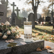 Product Grave candles white roses mourning light memorial light Ø7cm H18cm 90h 2pcs