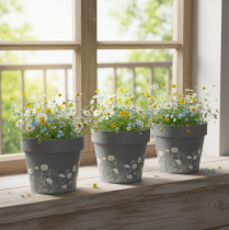 Product Flower pot with delicate wildflower design, practical use on balcony or terrace, 15cm, 3 pieces