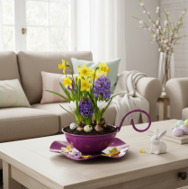 Product Decorative metal teacup on a saucer, purple, Ø11.5cm, H8cm, 2 pieces