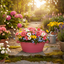 Product Pink metal flower bowl with handles, round, Ø33.5cm