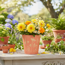 Product Flower pot with floral decoration, apricot yellow, Ø10.5cm H10.5cm