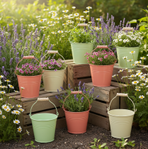 Product Bucket with handle, planter, pastel metal, Ø10cm H8cm, 10 pieces