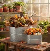 Product Plant pot with handle, metal pot, planter, silver, brown, H22/20cm L42/40cm, set of 2