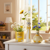 Product Set of 3 Ceramic Duck Figures with Glasses – 25cm Spring and Summer Decoration