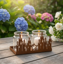 Product Metal lantern with glass insert, rusted metal finish, decorative candle holder, 21.5cm