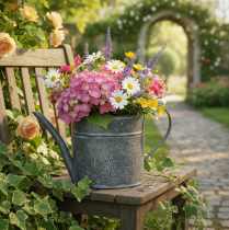 Product Vintage metal watering can decoration, grey with flowers, H13cm Ø13cm