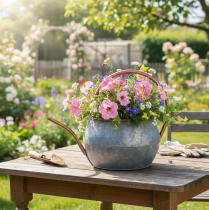 Product Metal decorative watering can, vintage country style, garden decoration, for planting, silver copper, L41cm Ø26cm H30cm
