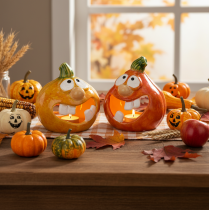 Product Pumpkin decorative figure and tealight holder, funny face, autumn decoration, 12cm, 2 pieces